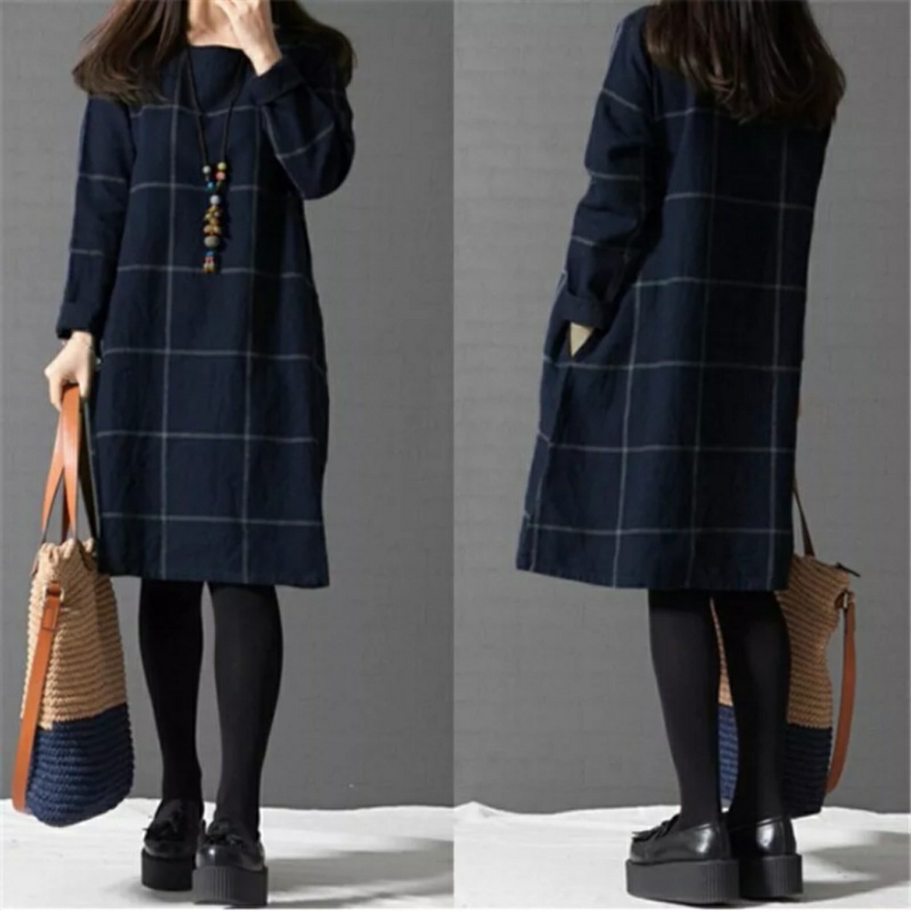 5⭐FLATTERING NAVY PLAID dress tunic NICE STYLE - Picture 2 of 8